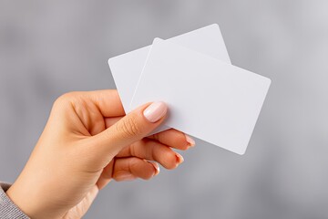 Hand holding two blank white cards against a gray background