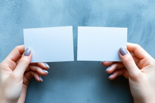 Two blank white cards held by hands - Powered by Adobe