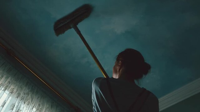 Cleaning the ceiling: The image captures a person in the act of cleaning, her silhouette against a blue ceiling, the act conveying an aspect of domestic work. The setting is a serene domestic scene. 