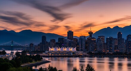 Obraz premium Stunning Sunset over Vancouver Cityscape with Mountains and Water Reflections.