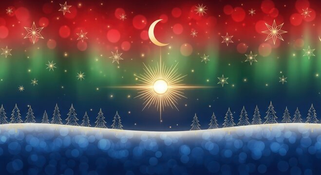 Magical winter night scene with a bright star of bethlehem, crescent moon, aurora borealis, and snowcovered trees