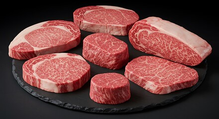 Assortment of Premium Marbled Beef Steaks on Dark Slate