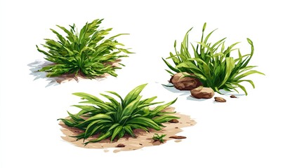 Three stylized grass tufts, different forms, on beige sand, with rocks, isolated
