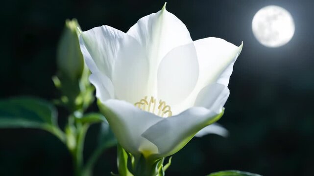 White flower blooms under the moonlight in a serene garden, capturing the ethereal beauty and tranquility of a peaceful night scene.