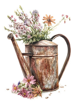 Fototapeta Weathered watering can filled with spring flowers