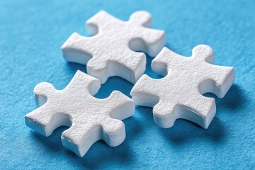 Three white puzzle pieces on a light-blue surface