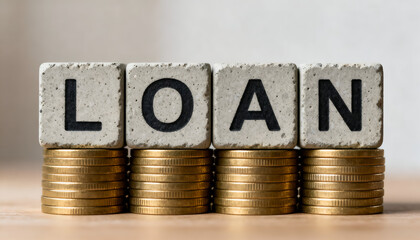 Concrete textured cubes displaying the word LOAN over piles of coins