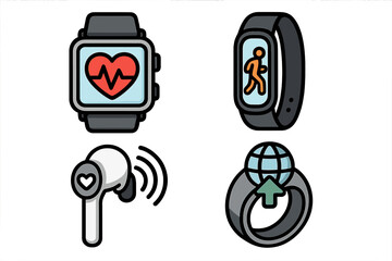 Icons of wearable technology. Smartwatch with heart rate monitor, fitness tracker, smart ring, wireless earbud. Health, sport and wellness gadget vector illustration set.