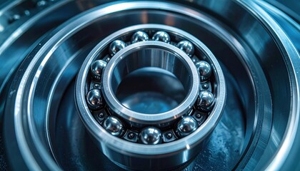 Ball bearing cage repeating arcs cool metallics wide central copy area representing precision engineering suitable for industrial backgrounds