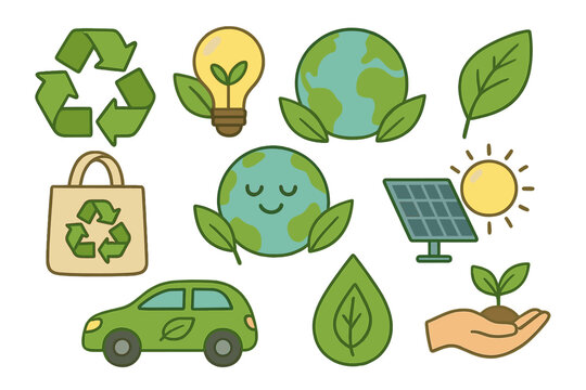 Eco friendly icon collection promoting sustainability and environmental consciousness. Vector cartoon set with green energy, recycling, solar power, planet earth, and conservation. - Powered by Adobe