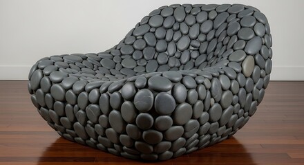 A unique, modern armchair is crafted from countless, smooth, dark gray, pebble-shaped forms