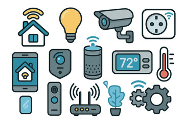 Smart home technology icon set. Internet of Things (IoT) vector collection. Home automation symbols for security camera, thermostat, smart light, and voice assistant control.