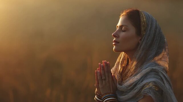 Serene Moment: A portrait of a woman with closed eyes, veiled in a shawl, in a moment of deep prayer and contemplation, her peaceful expression set against a soft, warm background.