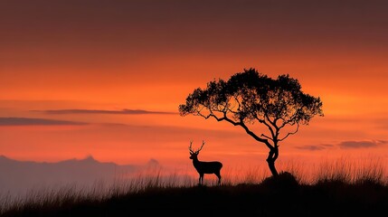 Silhouette of a Deer and Tree on a Hill at Sunset. Serene Nature Scene with Warm Evening Glow.