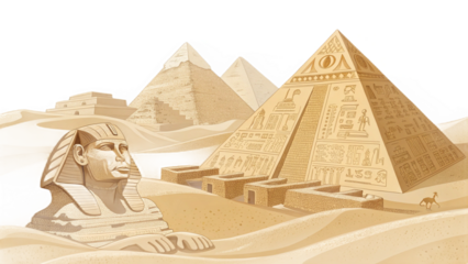 Illustration showing the sphinx and pyramids of giza with hieroglyphics in a desert landscape