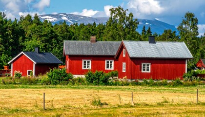 Obraz premium Red houses in a field, mountains in the background