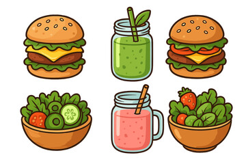 Healthy and unhealthy food icons. Set of vector cartoon illustrations with burger, fresh salad, and smoothie juice. For diet, nutrition, and wellness concepts. Meal choice.