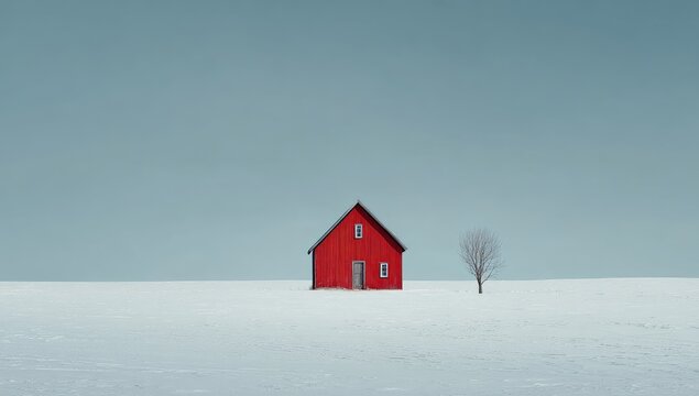 A vibrant red barn stands alone in a vast, snow-covered field under a muted, pale sky; a lone, leafless tree stands to its right