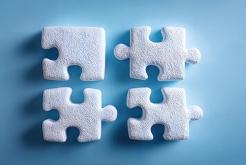 Fototapeta premium Four light blue puzzle pieces arranged in a grid on a light blue background