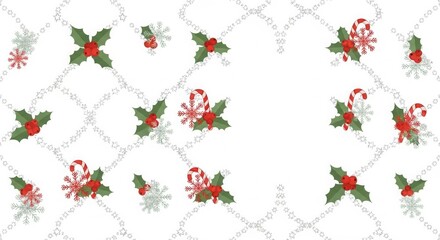 Seamless christmas pattern with holly, candy canes, and snowflakes isolated on white background