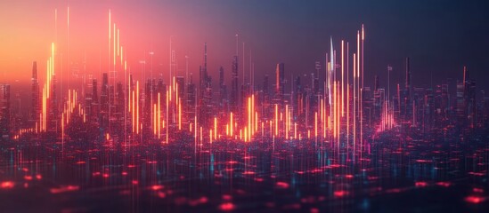 Futuristic cityscape with glowing data streams.
