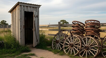 Obraz premium Rustic Outbuilding with Stacked Wagon Wheels.