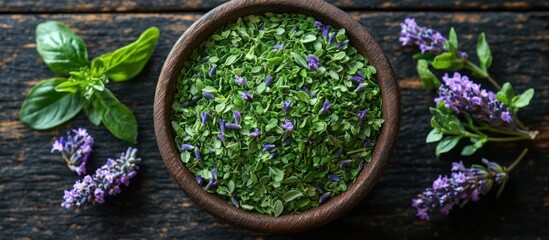 Dried herbs and fresh lavender and basil on a dark wooden background.