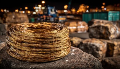 Obraz premium Close-up of coiled rope at night port