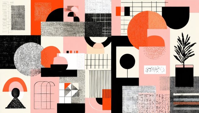 Abstract geometric shapes in various colors and textures, overlapping and forming a collage