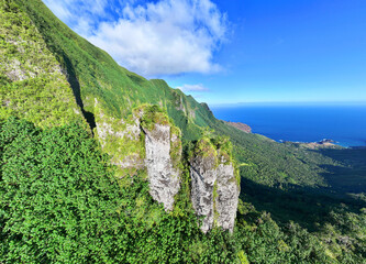 Magnificent aerial view of the bottom of the HANE and HOKATU valleys on the island of UA HUKA in the Marquesas archipelago in French Polynesia