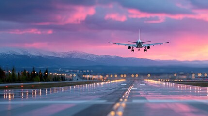 Airplane Taking Off on Runway Under Dramatic Pink and Purple Sky with Distant Mountains and Glowing Lights