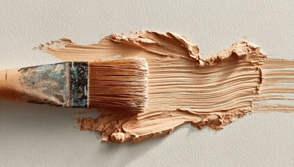 A well-used paintbrush rests on a swatch of creamy, light-brown paint, its bristles still holding pigment, creating textured, streaked lines across a neutral backdrop