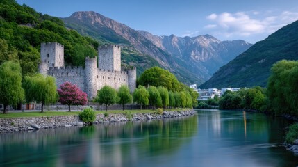Fototapeta premium Ancient Stone Castle by Tranquil River Surrounded by Lush Green Mountains Under a Bright Blue Sky Landscape Photography