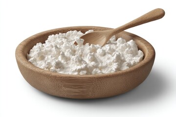 Creamy cottage cheese in a wooden bowl with spoon
