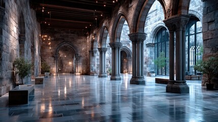Obraz premium Ancient Stone Hall Interior with Arches Columns and Reflective Floor in Cinematic Lighting With HDR Effect
