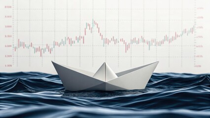 stock market visual metaphor prediction concept. Paper boat on waves with a stock market chart background.