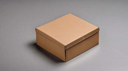 Obraz premium A closed rectangular brown cardboard box sits on a gray surface casting a shadow in studio environment.