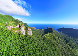 Magnificent aerial view of the bottom of the HANE and HOKATU valleys on the island of UA HUKA in the Marquesas archipelago in French Polynesia