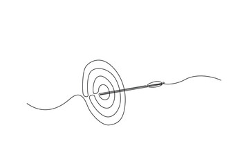 Arrow shoted on the target in continuous one line drawing. Single line art illustration of arrow on target. Editable vector.