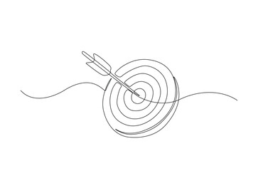 Arrow shoted on the target in continuous one line drawing. Single line art illustration of arrow on target. Editable vector.