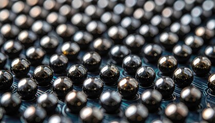 Ball grid array solder spheres aligned on substrate crisp specular points central copy space representing electronics manufacturing suitable for PCB themes