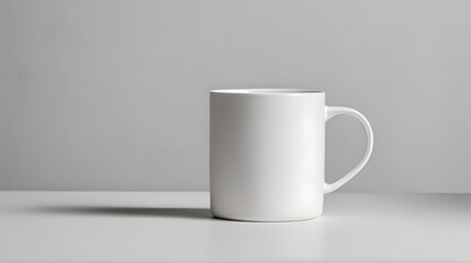 Obraz premium A simple white ceramic coffee mug sits on a clean white surface against a light gray background in studio shot.