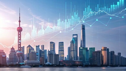Shanghai Skyline with Overlayed Financial Growth Chart Stock Market Investment Cityscape