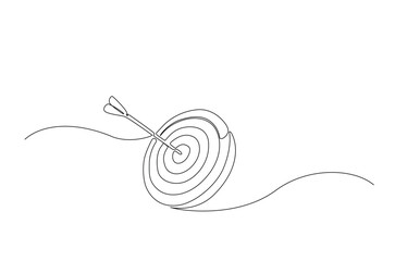 Arrow shoted on the target in continuous one line drawing. Single line art illustration of arrow on target. Editable vector.