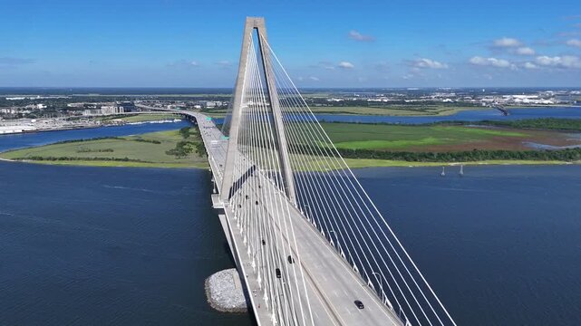 Drone footage of Arthur Ravenel Jr. Bridge Charleston South Carolina