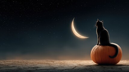 Cat Sitting on Pumpkin Under Crescent Moon in Starry Night Sky