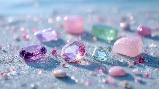 Assorted Colorful Gemstones on a Sparkling Blue Surface with Soft Lighting and Focus on Faceted Purple and Pink Crystals in a Close Up