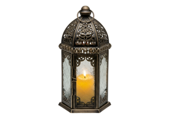 Ornate, antique-style lantern, featuring detailed metalwork and frosted glass panels, showcasing a warm, golden candle flame.