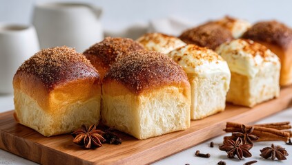 A wooden board displays several golden-brown, square-shaped buns; some topped with cinnamon sugar, others with a creamy frosting.  Star anise and cinnamon sticks surround them