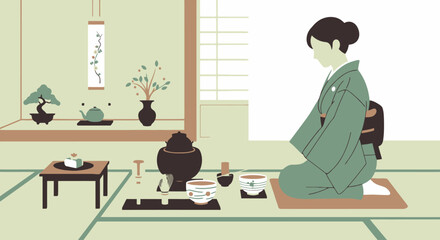 Fototapeta premium Serene Tea Ceremony Illustration Depicting Japanese Culture and Tradition for Educational Materials and Cultural Awareness Campaigns.
